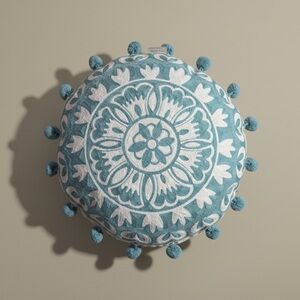 Nina Home Round Pillow Throw —Blue Pompom Tassels Feather Filled Removable Cover